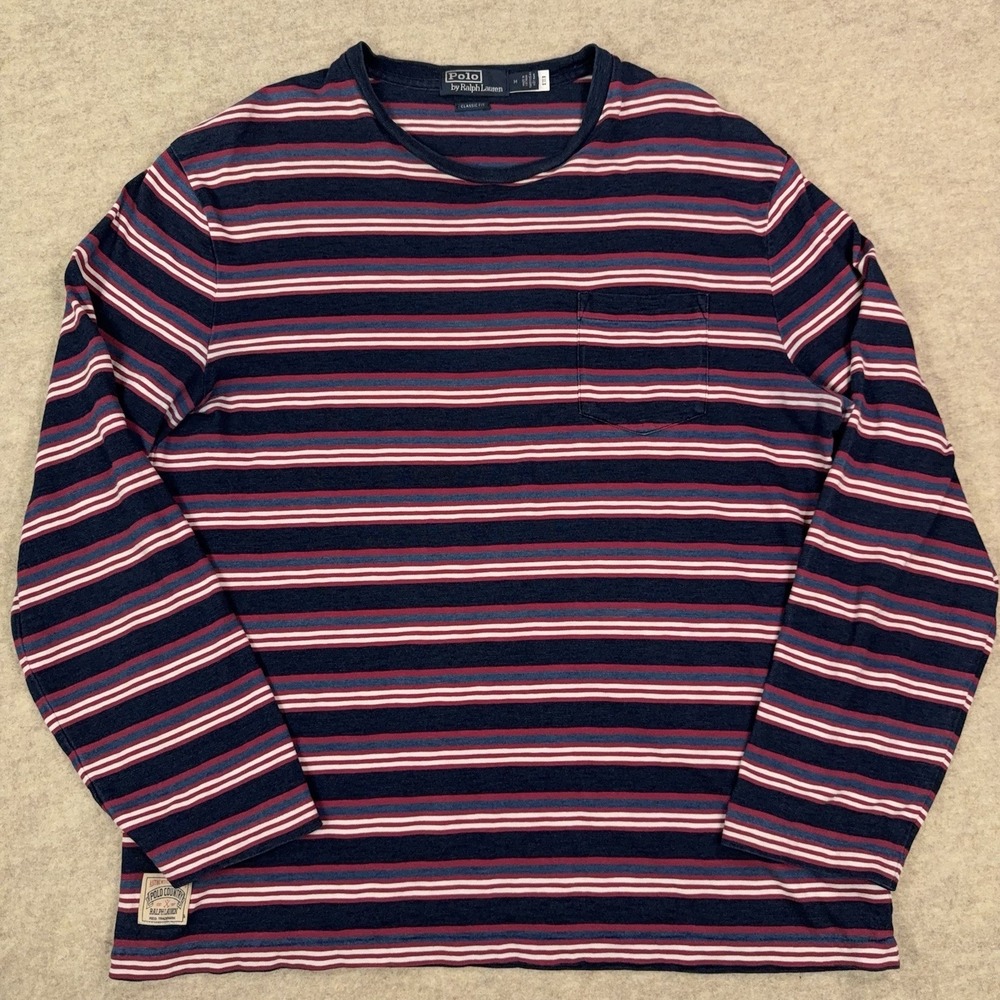 Polo Country Ralph Lauren Striped Gauze Jersey T-Shirt Mens M Slub Indigo-Dyed